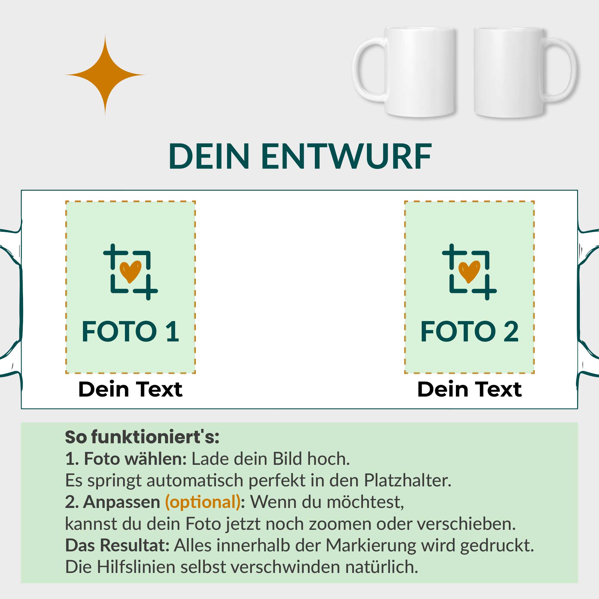 Design-Vorlage für die Fototasse im Hochformat mit personalisierbarem Text – Grosse Nova Editor Ansicht