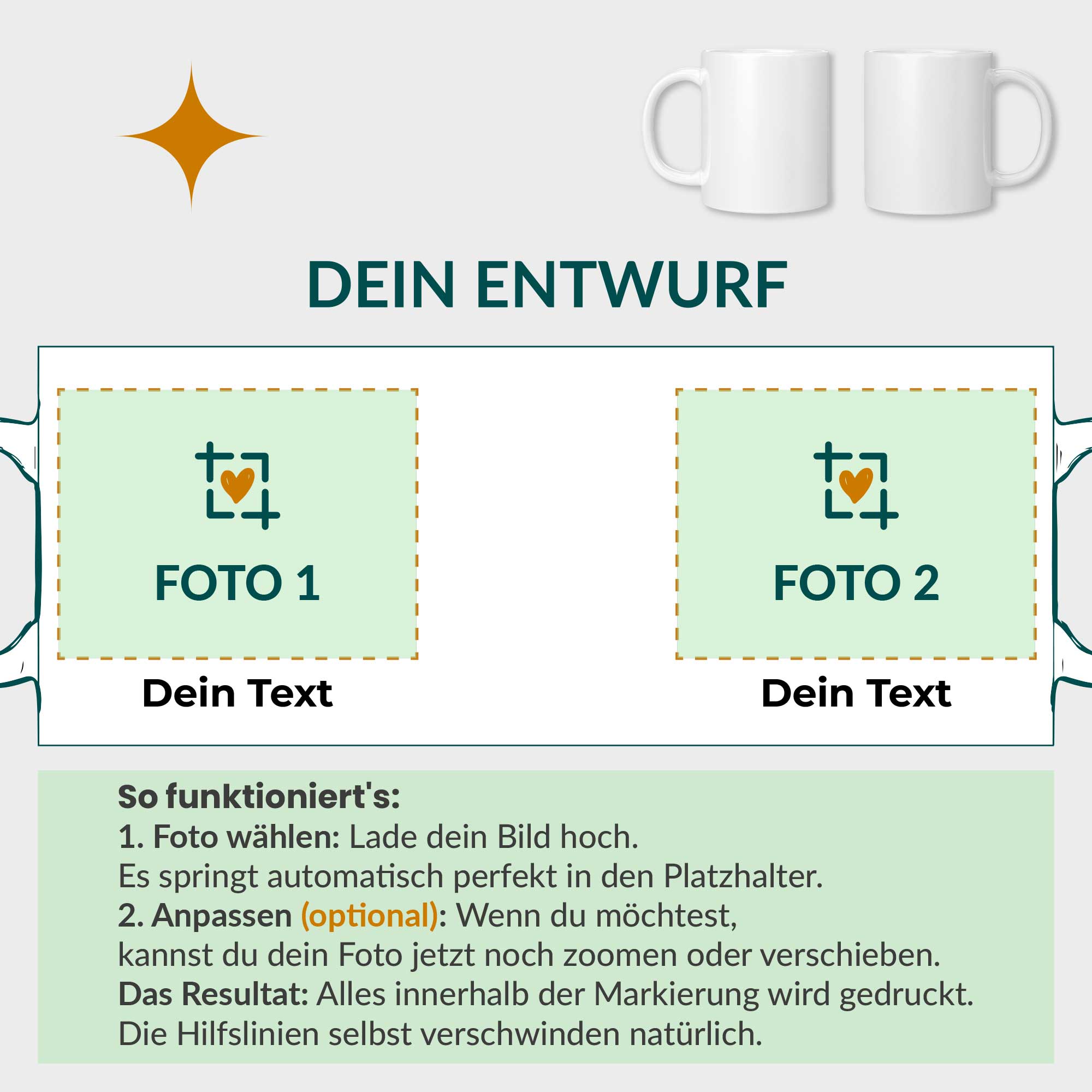 Design-Vorlage für die Fototasse im Querformat mit Wunschtext – Grosse Nova Editor Ansicht