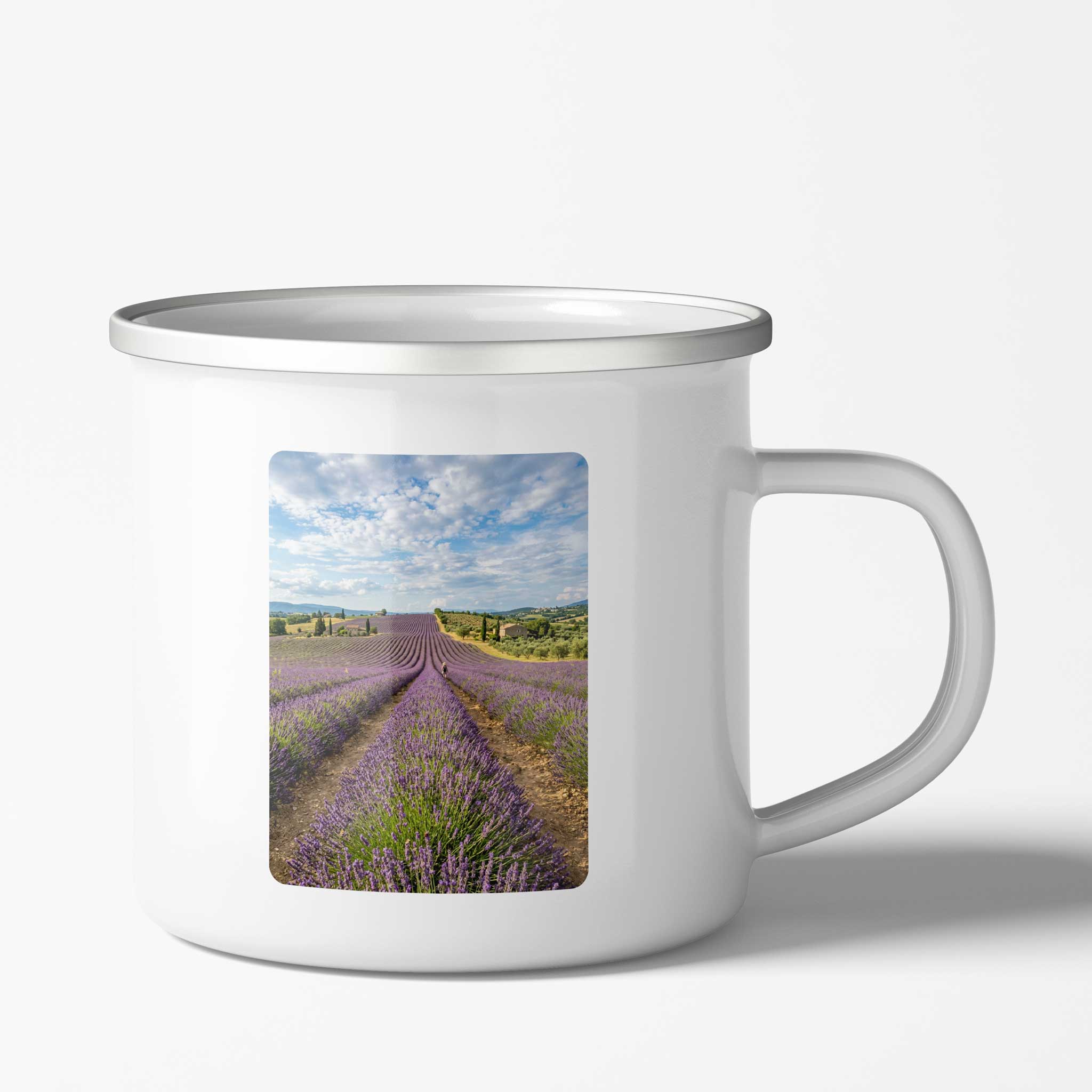 Emaille Fototasse mit Lavendelfeld Motiv im Hochformat