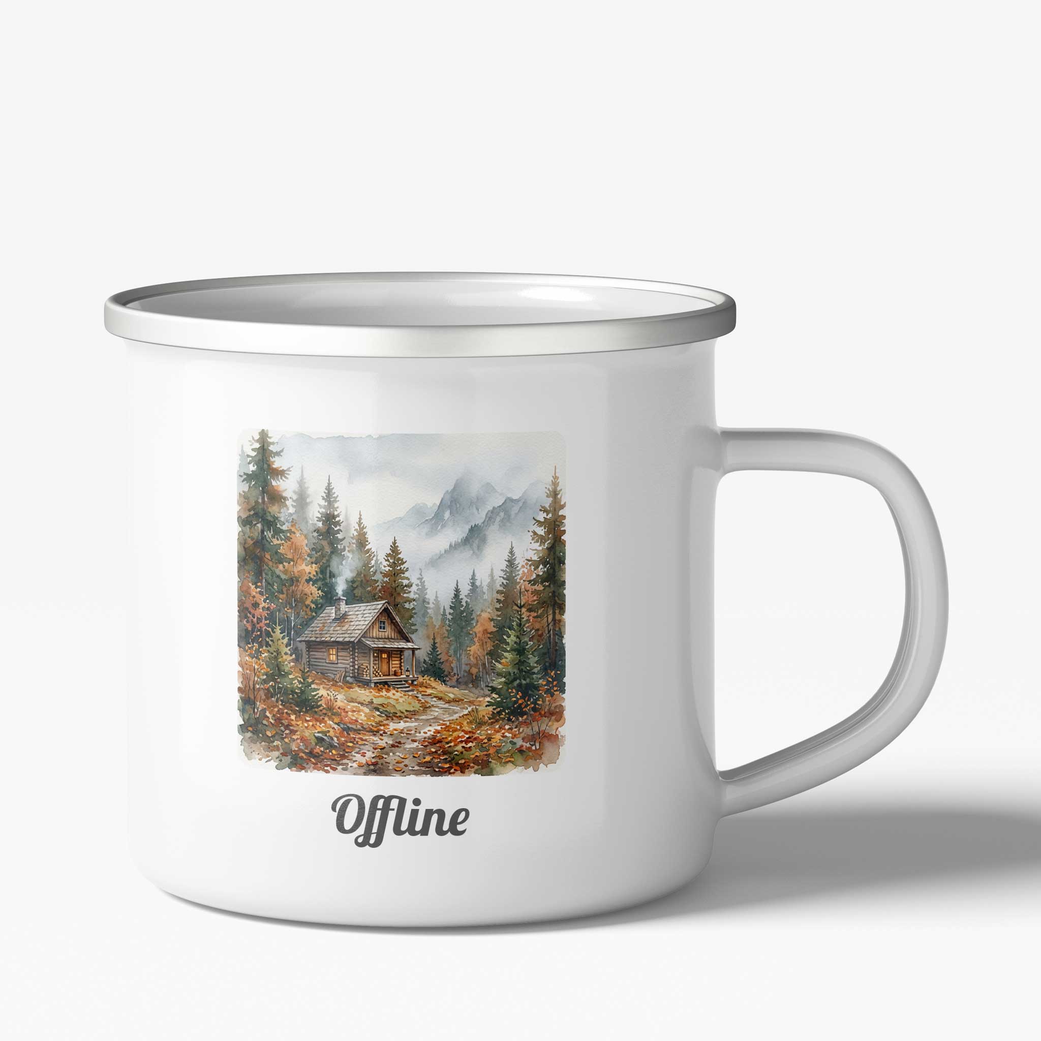 Detailaufnahme der Grosse Nova Emaille Fototasse mit einer Hütte als Motiv und dem Text "Offline". 