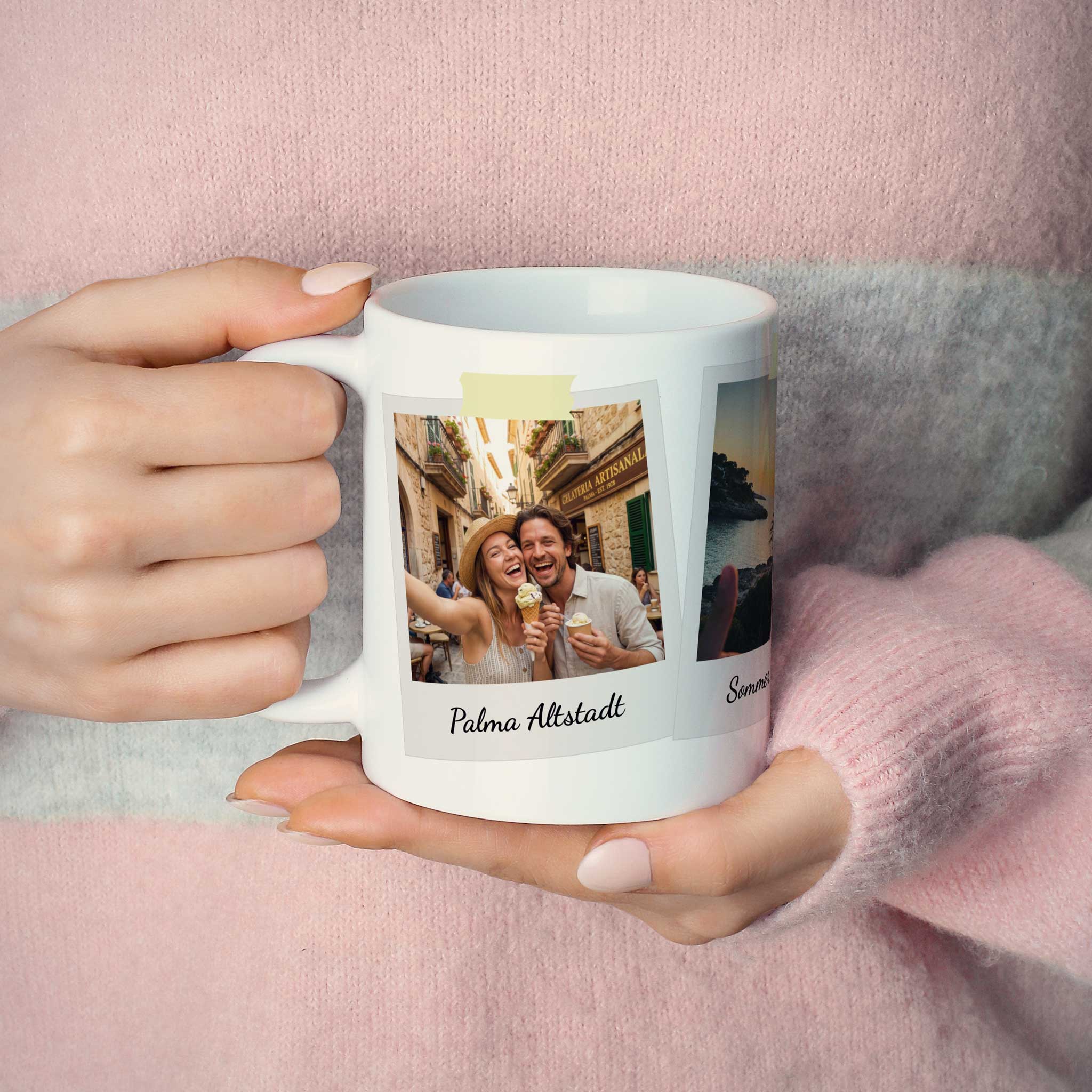 Fototasse im Vintage Sofortbild-Look in der Hand gehalten.