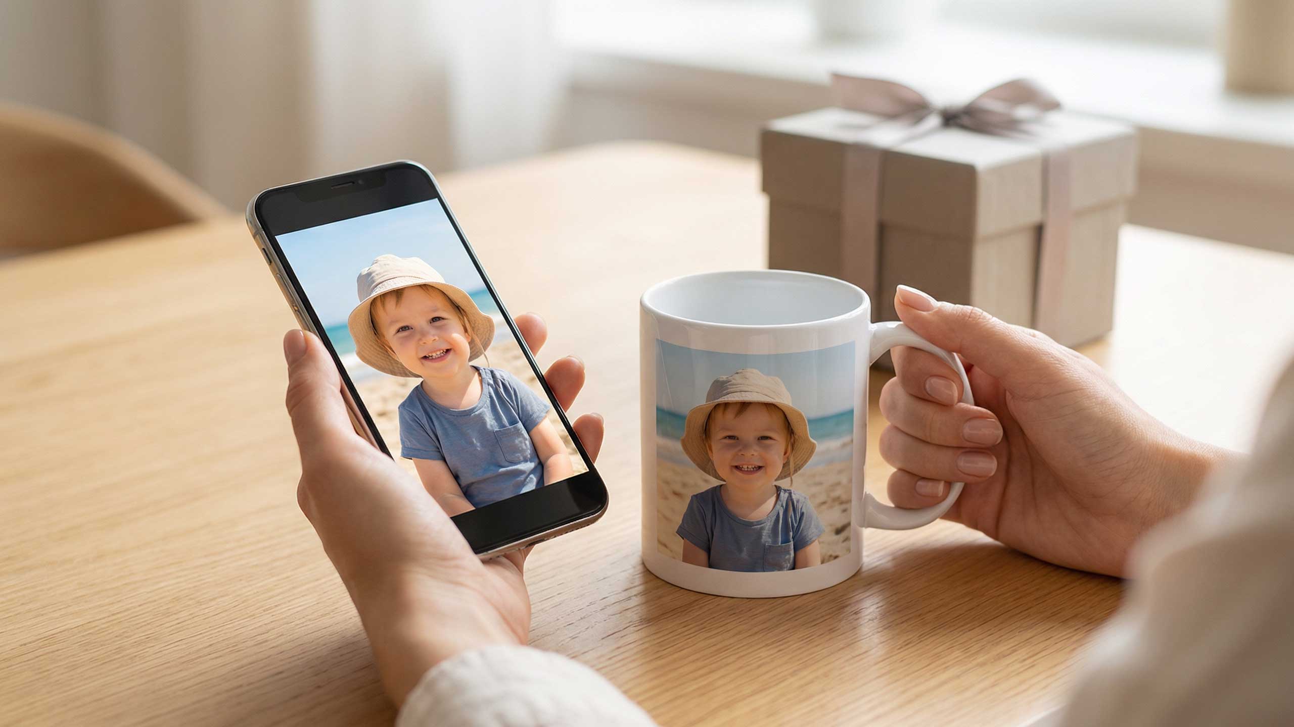 Personalisierte Fototasse von Pictacor neben Smartphone mit gleichem Foto und Geschenkbox. Perfekter Fotodruck im Handyformat.