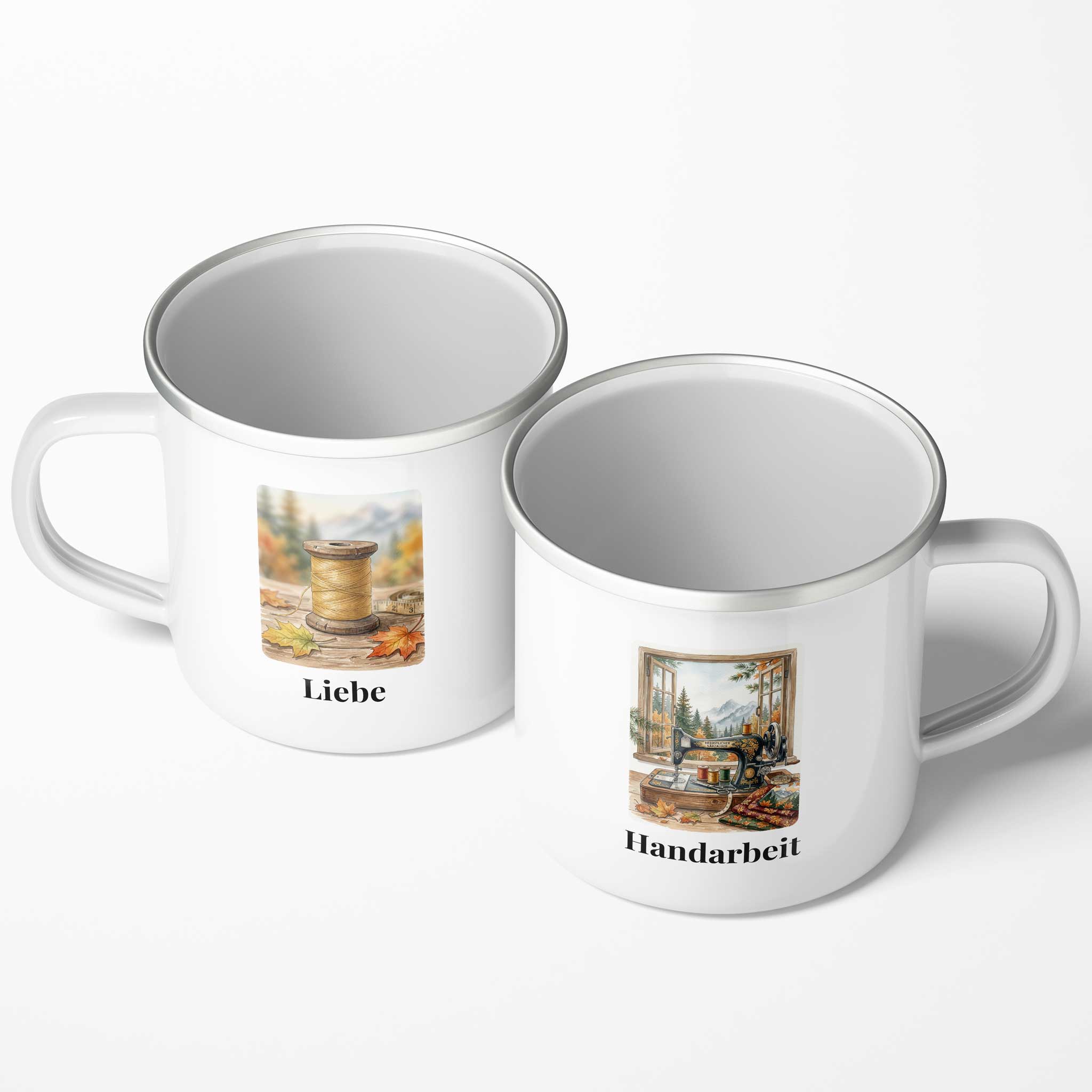 Emaille Fototassen mit Illustrationen zum Thema Handarbeit im Hochformat und Text.