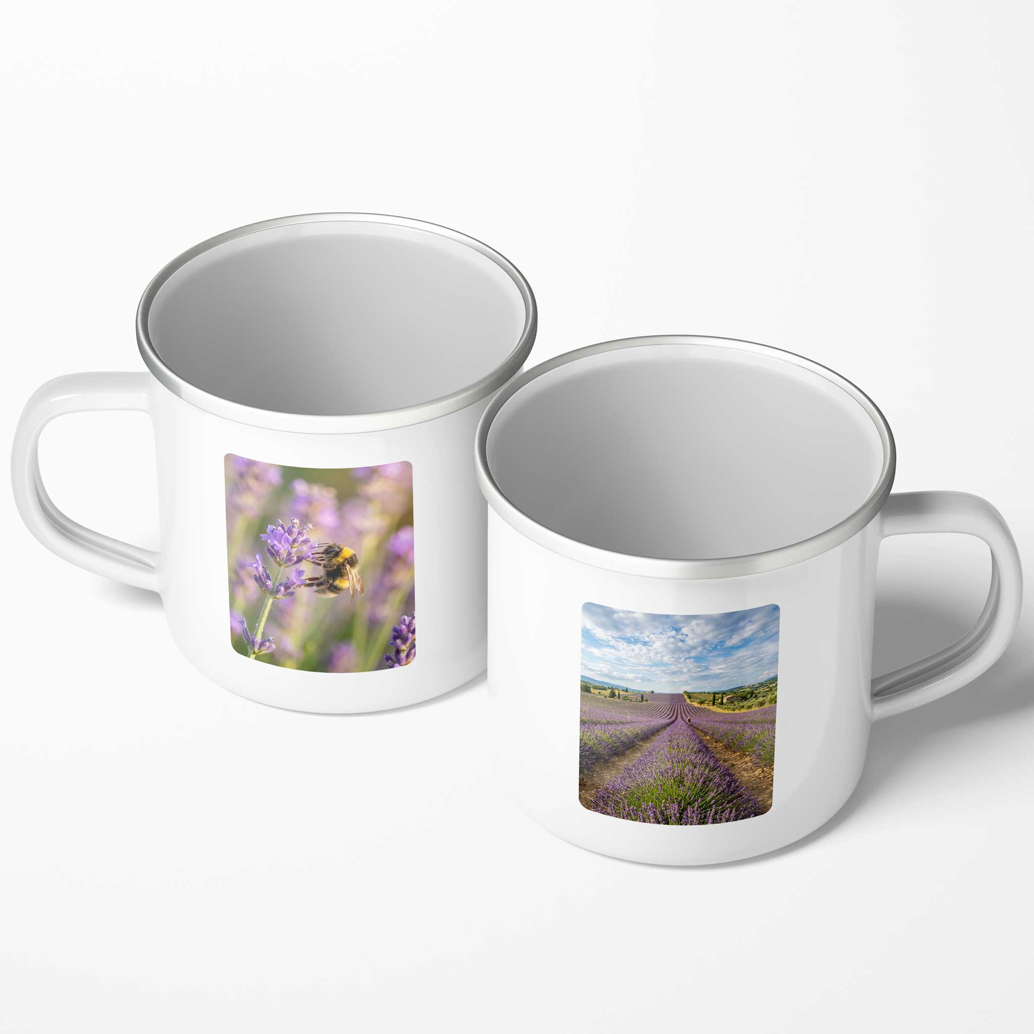 Zwei Emaille Fototasse mit Naturmotiven im Hochformat