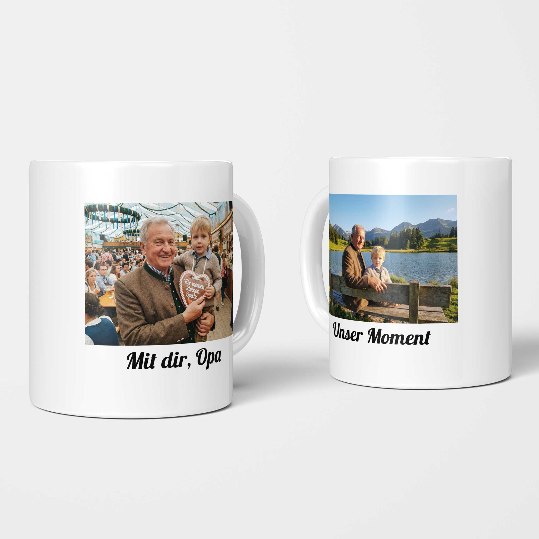 Zwei Pictacor Fototassen mit Querformat Fotos 4:3 als Geschenk für den Opa.