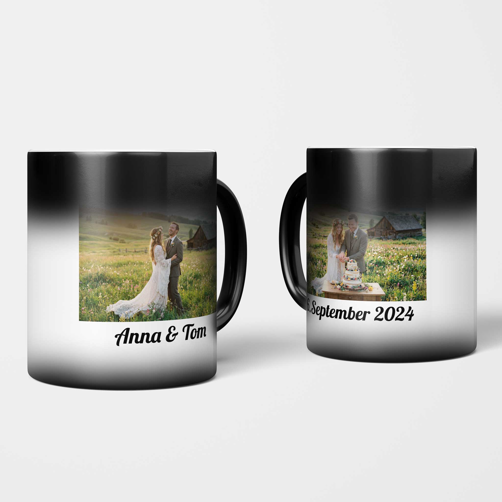 Handyfotos vom Hochzeitspaar im Querformat auf Grosse Nova Zaubertassen.